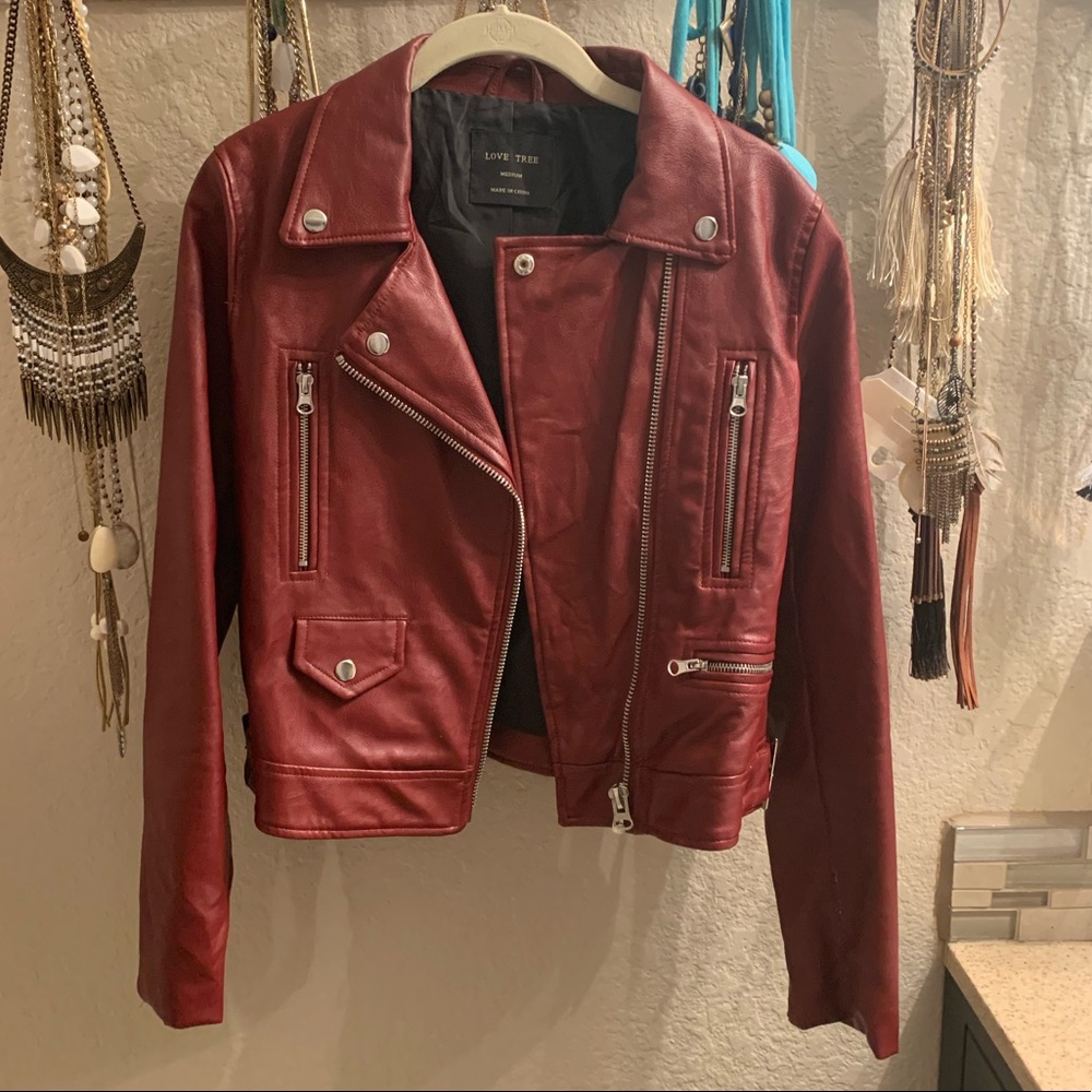 Red faux leather moto jacket